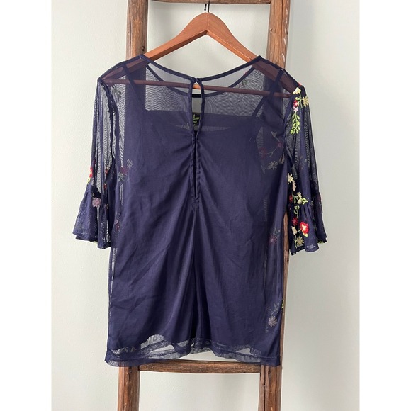 Harlow Rose Embroidered Mesh Top Bell Sleeve Blouse Semi Sheer Navy Size S - Picture 2 of 5